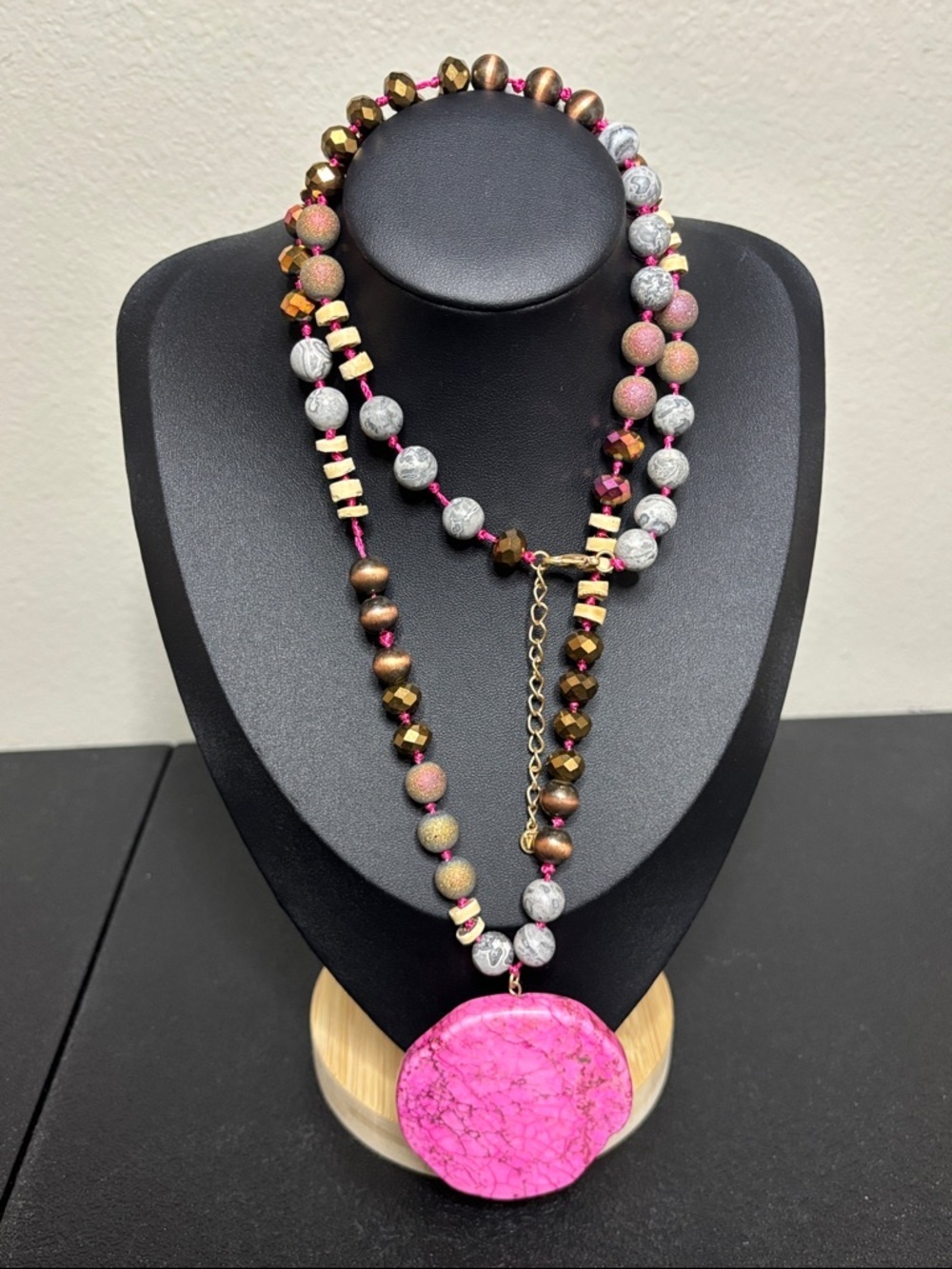 Signed W ? Pink Stone Beaded Knotted Long Boho Western Statement Necklace